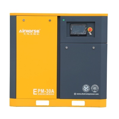 Compresso de ar parafuso Airhorse EPM-30A em amarelo e cinza escuro com painel de controlo eletrónico