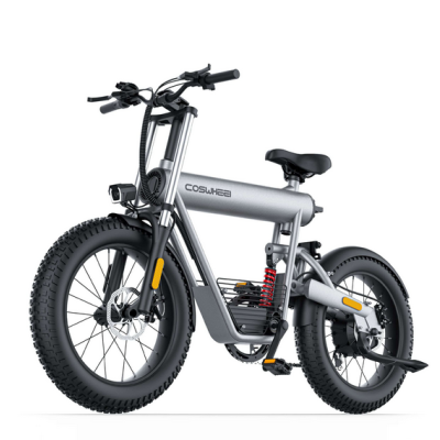 Bicicleta elétrica COSWHEEL cinza com pneus pretos largos e suspensão vermelha
