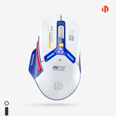 Rato de computador branco e azul com luzes LED azuis e texto impresso