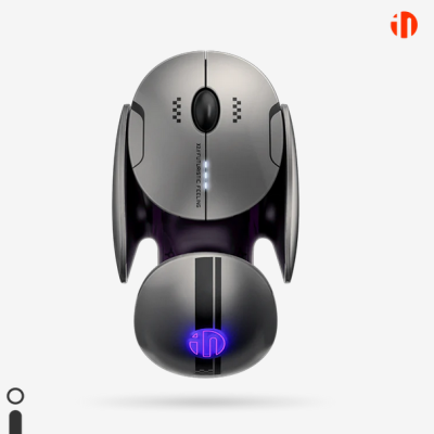 Rato de computador cinzento metálico com logótipo azul iluminado e texto 'X21 FUTURISTIC FEELING'