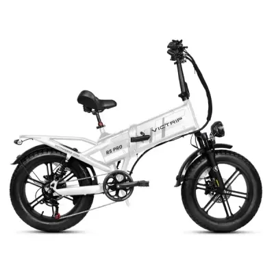 Bicicleta elétrica dobrável branca Victrip R5 Pro com pneus grossos e farol dianteiro