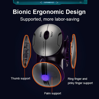 Rato ergonómico biónico cinzento e preto com apoios destacados para polegar, palma, ângulo e mindinho