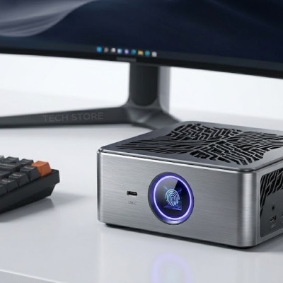 Computador compacto metálico prateado com botão iluminado azul e teclado preto