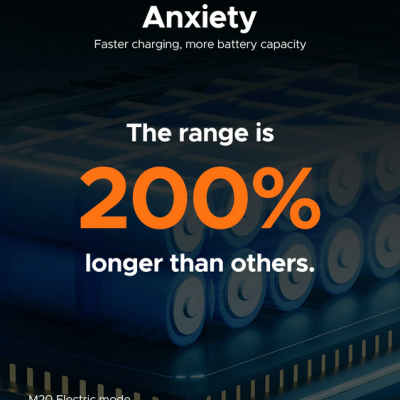 Baterias cilíndricas com texto promocional sobre autonomia e carregamento