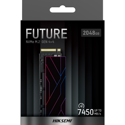 Embalagem de SSD NVMe M.2 preto com linhas coloridas da marca HIKSEMI