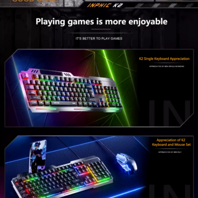 Teclado e rato gaming INPHIC K2 com iluminação RGB e texto promocional