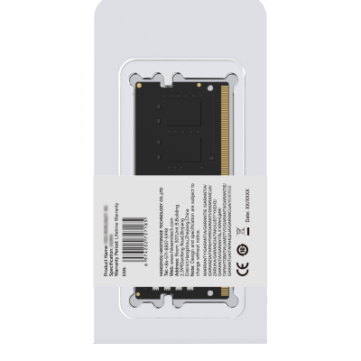 Módulo RAM preto em embalagem plástica com etiqueta branca contendo texto e código de barras