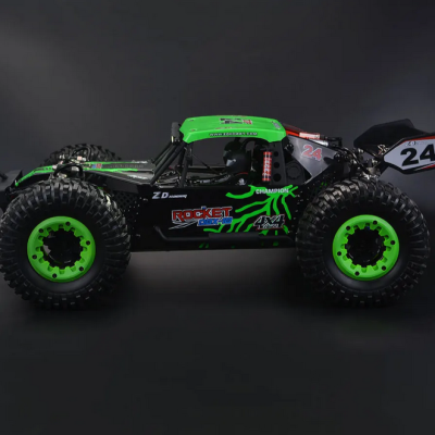 Carro de controlo remoto preto com detalhes verdes e número 24 na asa traseira