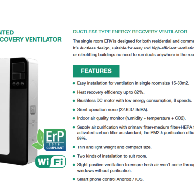Ventilador de recuperação de energia montado na parede branco e preto com painel digital
