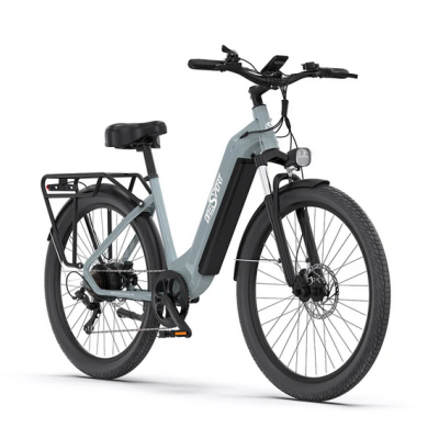 Bicicleta elétrica cinza com banco preto e bagageira