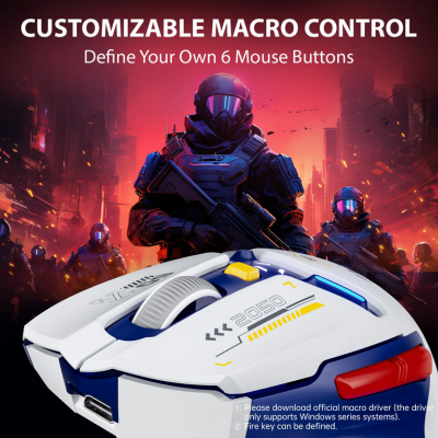 Rato gaming branco e azul com botões coloridos e texto 2050, fundo futurista com soldados armados