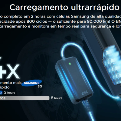 Carregador rápido com cabo luminoso azul ligado a bateria de bicicleta.