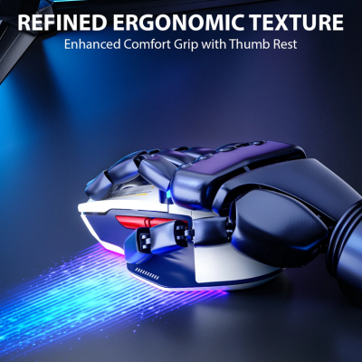 Rato de computador ergonómico com mão robótica segurando