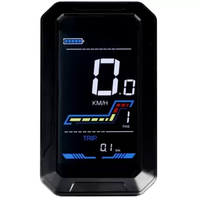 Ecrã digital preto de velocímetro com gráficos coloridos e texto branco