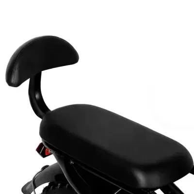 Selim de bicicleta preto almofadado com encosto e estrutura metálica