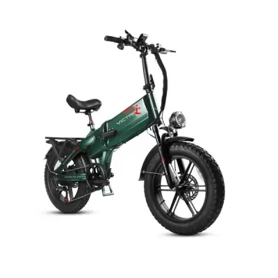 Bicicleta elétrica dobrável verde escuro com pneus grossos e luz frontal
