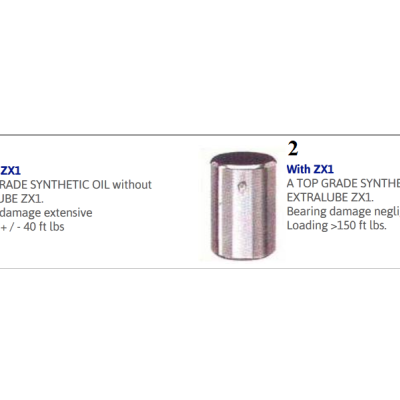 Dois componentes metálicos cilíndricos com texto explicativo sobre óleo sintético EXTRALUBE ZX1