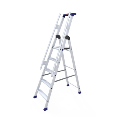 Escada de alumínio de cinco degraus com detalhes em azul e cinza