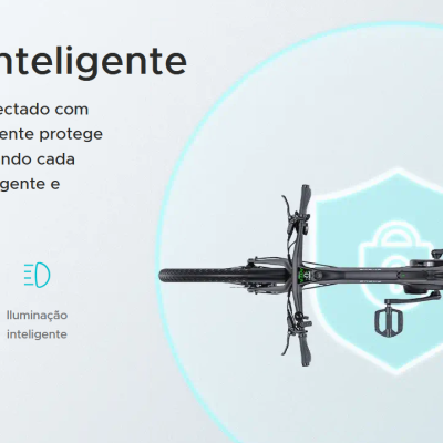 Bicicleta preta vista de cima com símbolo de escudo azul e cadeado, texto sobre proteção inteligente