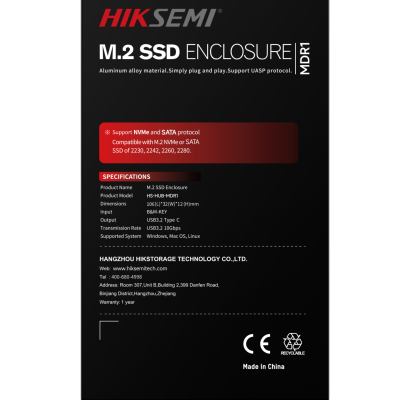 Caixa para SSD M.2 da HIKSEMI preta com texto técnico e especificações
