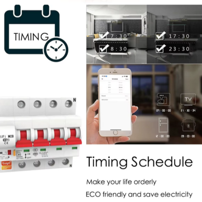 Dispositivo interruptor automático WiFi MCB branco com programação móvel e textos de agendamento