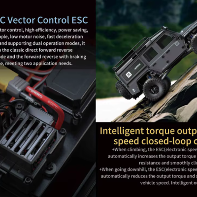 ESC 80A com controle vetorial ao lado de carrinho telecomandado preto subindo pedra