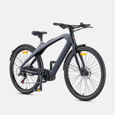 Bicicleta elétrica cinza escuro com selim preto e pneus pretos.