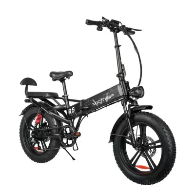 Bicicleta eléctrica preta dobrável VCTTRIP R5 com pneus grossos e suspensão