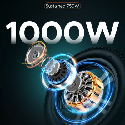 Ilustração de motor elétrico tipo hub com potência 1000W e pneu preto