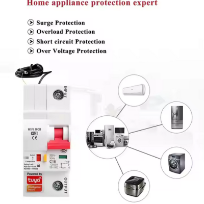 Disjuntor elétrico branco com botão vermelho e textos técnicos, imagens de eletrodomésticos