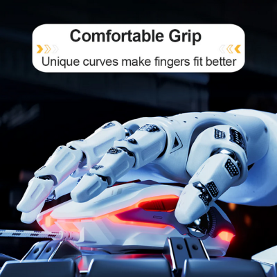 Mão robótica segura rato de computador com luzes vermelhas