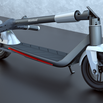Trotinete elétrica dobrada preta e prata com texto Mankeel