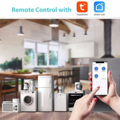 Eletrodomésticos brancos e telemóvel com app TuyaSmart e Smart Life para controlo remoto.