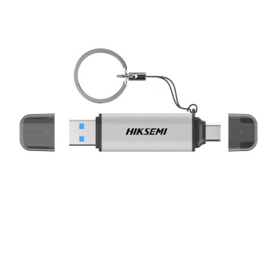 Pen drive HIKSEMI metálico com tampas pretas e porta USB tipo A e C