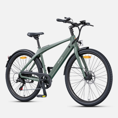 Bicicleta elétrica verde mate com quadro robusto e acessórios pretos