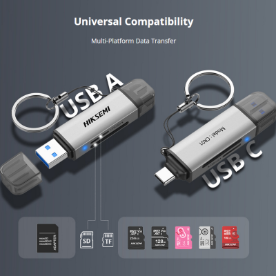 Pen drives HIKSEMI prateados com USB A e USB C sobre fundo cinzento