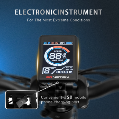 Visor eletrônico DRNÉTION com porta USB num guiador de bicicleta