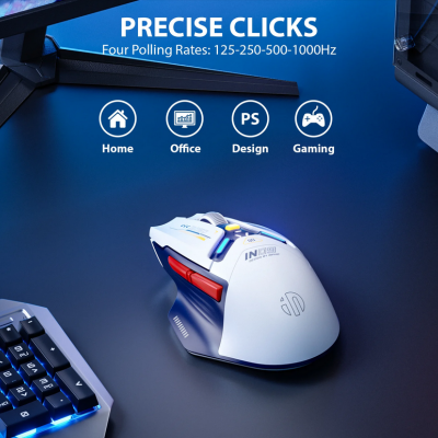 Rato de computador branco e azul com botões vermelhos e luzes LED sobre fundo azul com texto e ícones