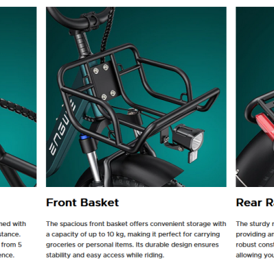 Bicicleta elétrica com display digital, cesto frontal e suporte traseiro preto