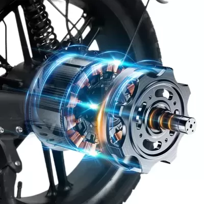 Roda traseira de bicicleta elétrica com motor detalhado e suspensão preta