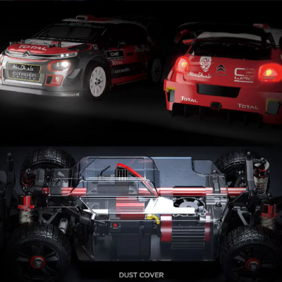 Modelo de carros de corrida Citroën C3 WRC e chassis em fundo escuro