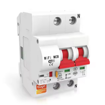 Disjuntor duplex WiFi MCB branco com botões vermelhos e etiquetas com texto e símbolos