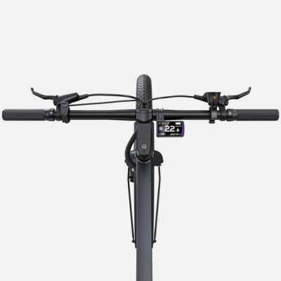 Guiador de bicicleta elétrica preta com ecrã digital e travões hidráulicos.