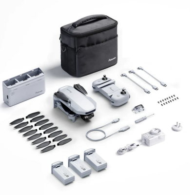 Conjunto DJI Potensic com drone, comando, baterias, hélices, carregadores, cabos e bolsa preta