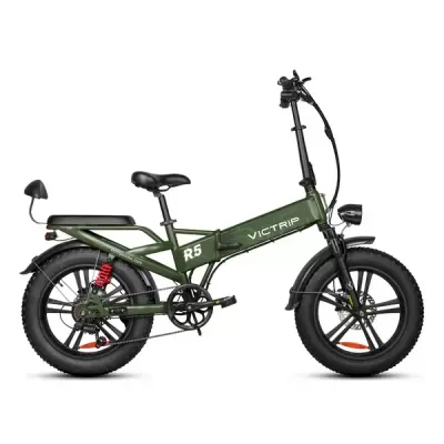 Bicicleta elétrica dobrável verde com pneus grossos e detalhes pretos e vermelhos