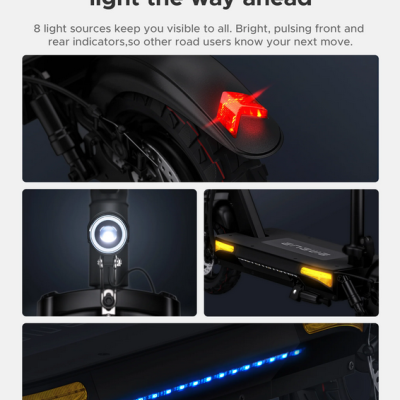 Trotinete elétrico preto com luzes LED vermelha, branca, amarela e azul em diferentes partes