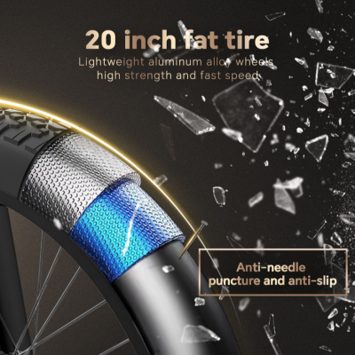 Pneu fat de 20 polegadas com proteção anti-perfuração e anti-derrapante em fundo escuro