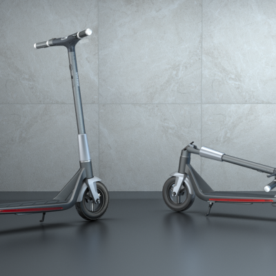 Dois trotinetes elétricos cinzentos, um montado e outro dobrado, em fundo cinzento