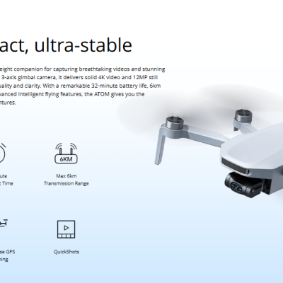 Drone branco Panasonic com quatro hélices e ícones informativos