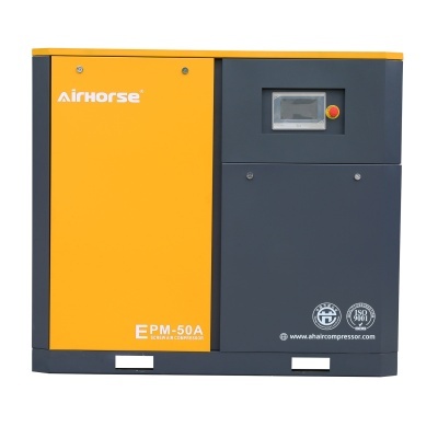 Compressor de ar parafuso amarelo e cinza com display digital